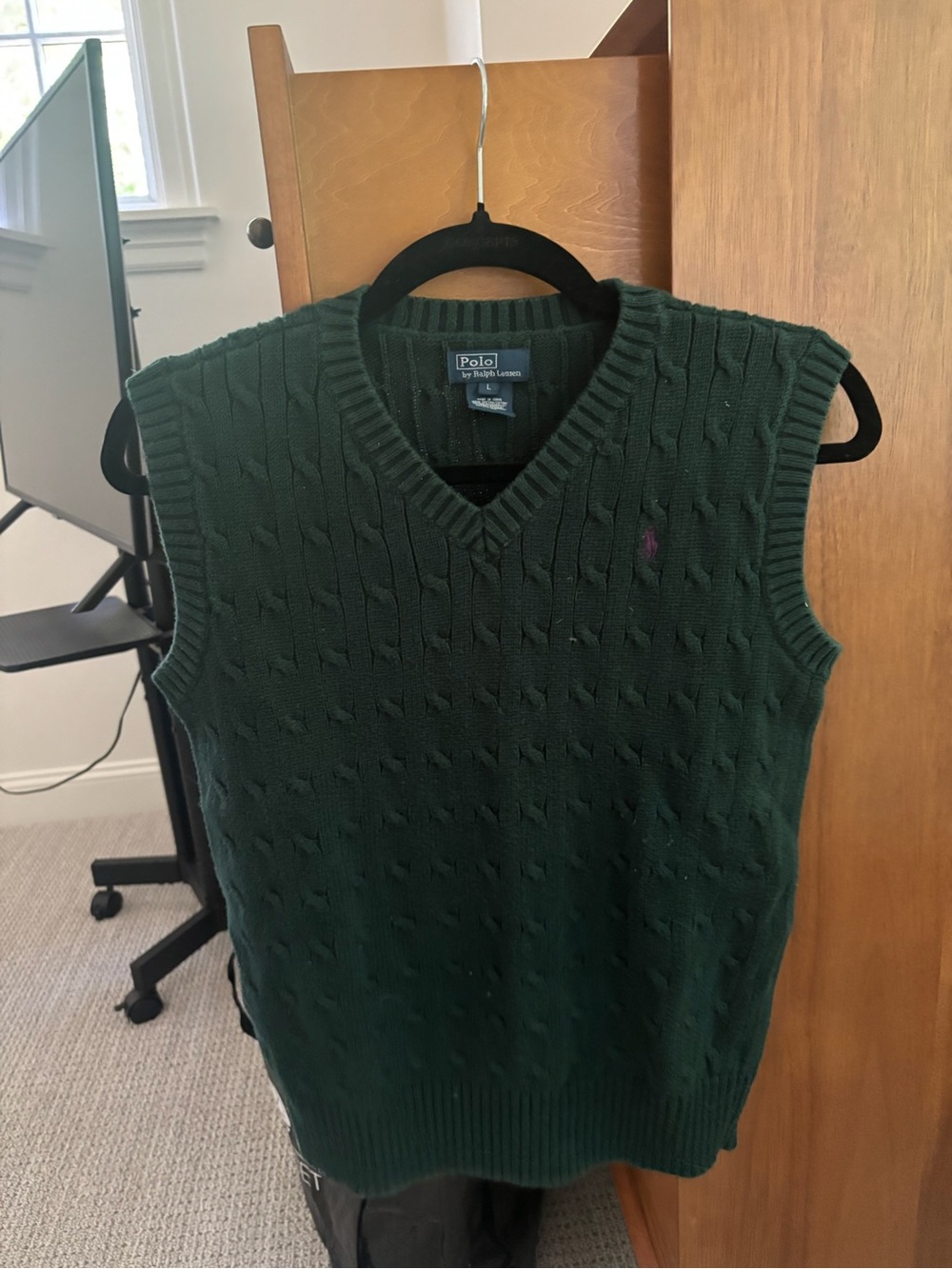 Ralph Lauren Forest Green Cable Knit V-Neck Sweater Vest